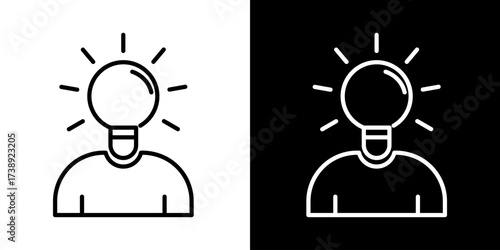 Vector icon illustration of person with light bulb head and shining rays in outline style black and white version suitable for creativity innovation idea and inspiration design