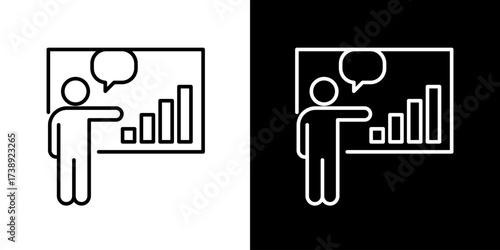 Vector icon illustration of person giving presentation with speech bubble and bar chart in outline style black and white version suitable for business report education seminar and communication design