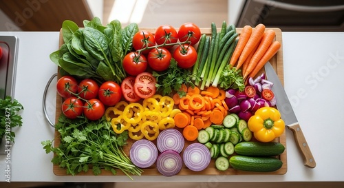 Colorful Fresh Vegetables on Wooden Cutting Board Ready for Healthy Cooking and Meal Prep
