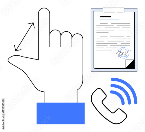 Hand with a gesture, signed document, and phone with waves suggesting communication, agreement, digital interaction. Ideal for legal, technology, business negotiation, collaboration remote work