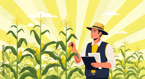 Agricultural Inspector in Cornfield Examining Harvest Amidst Golden Sunlight Rays