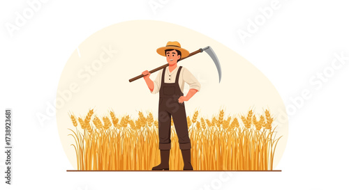Agricultural Worker Standing In A Wheat Field, Ready To Harvest The Crop for the Season