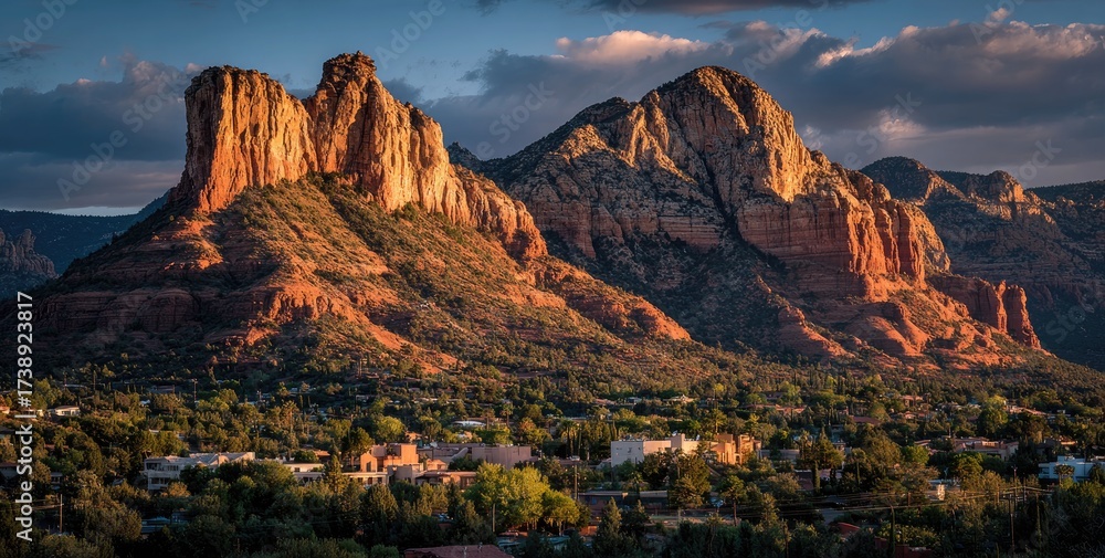 Fototapeta premium Red rock mountains at sunset, town below