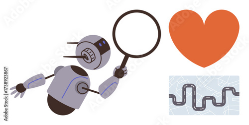 Robot holding magnifying glass examining red heart and connected pathways on map-thumbs up grid. Ideal for technology, AI, love, exploration, analysis, direction, connection. Simple flat metaphor