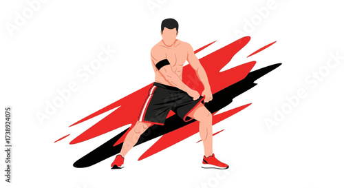Athletic Male Stretching Exercise Near Dynamic Abstract Red and Black Background