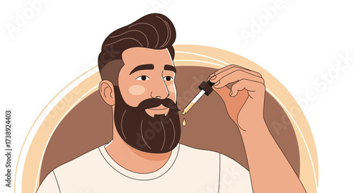 Bearded Man Applying Serum to His Stylish Beard, Simple Illustration for Grooming Ritual
