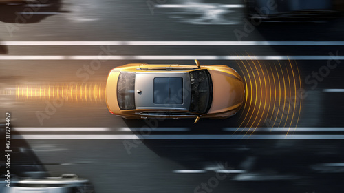 Top view of autonomous car with sensor detection on road