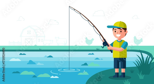 Boy Fishing Amidst Rural Scenery With Delight, Enjoying Recreational Pastime
