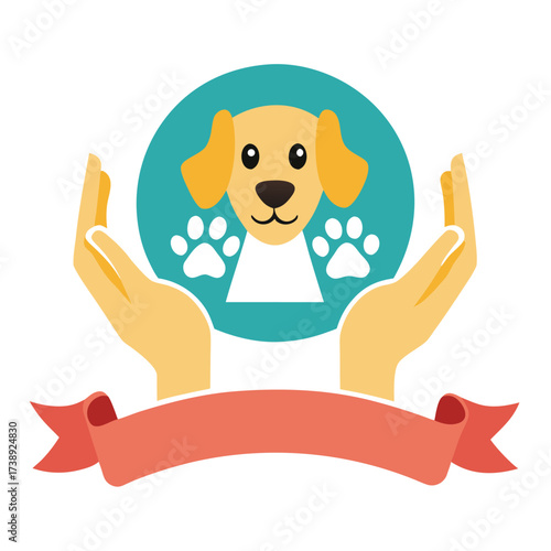 Vector art of cute dog face with paw prints in a circle, held by hands, with a banner below, logo design