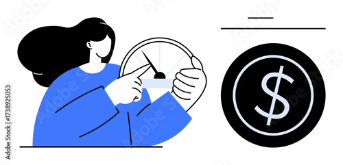 Woman calibrating gauge with upward trend while dollar sign symbolizes success, profit, and balance. Ideal for finance, budgeting, growth, economy, investment planning business. Simple flat