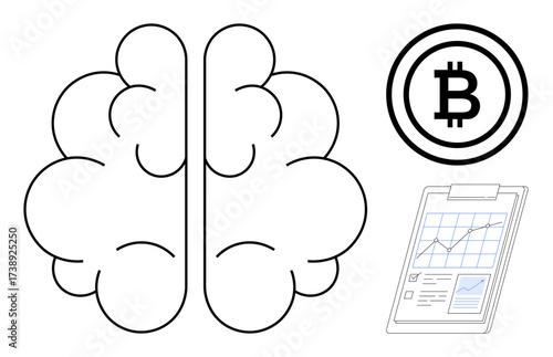 Brain outline, Bitcoin logo, and chart intersecting technology and finance. Ideal for cryptocurrency, investment, strategic thinking, fintech innovation, technology, financial analytics simple flat