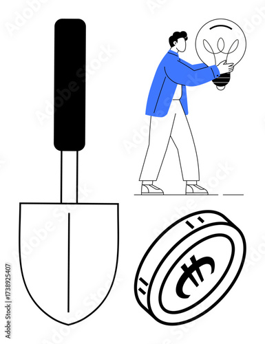 Shovel, bitcoin coin, and person holding glowing light bulb communicate growth, investment, idea generation, sustainability, and digital innovation. Ideal for finance, energy business creativity