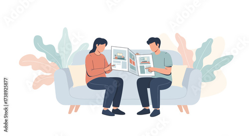 Couple Examining Layouts Together, Discussing Design Plans While Relaxing On A Sofa