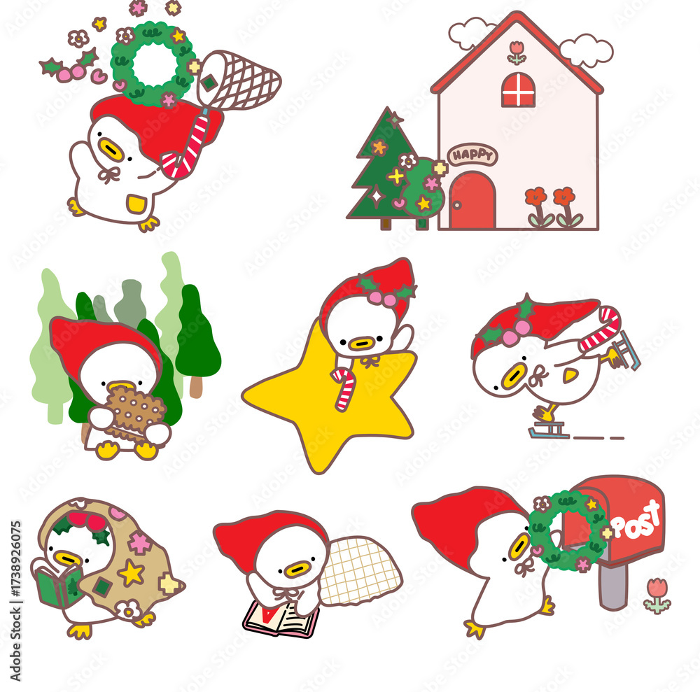 Fototapeta premium christmas icons set, santa claus set, christmas greeting card, Set of Christmas element, cute stickers, Christmas duck, 2026, happy Christmas, cute duck 