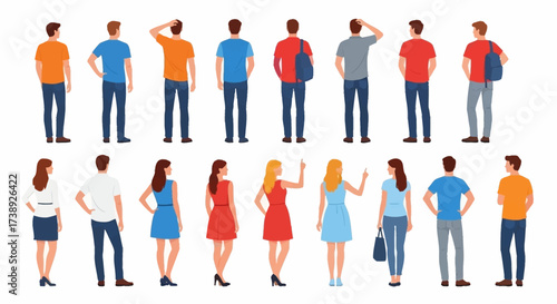 People character. Man and woman view from back set isolated on white background. Young human person diversity. Businesspeople, student, worker set. Vector people standing character illustration