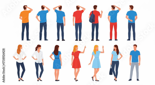 People character. Man and woman view from back set isolated on white background. Young human person diversity. Businesspeople, student, worker set. Vector people standing character illustration