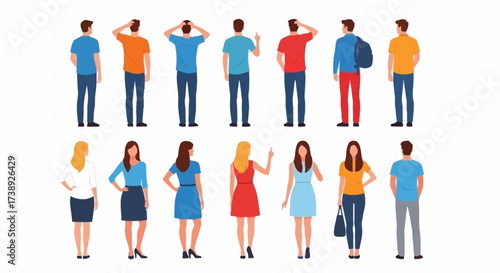 People character. Man and woman view from back set isolated on white background. Young human person diversity. Businesspeople, student, worker set. Vector people standing character illustration