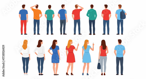 People character. Man and woman view from back set isolated on white background. Young human person diversity. Businesspeople, student, worker set. Vector people standing character illustration