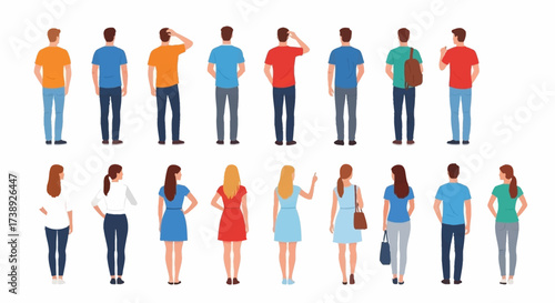 People character. Man and woman view from back set isolated on white background. Young human person diversity. Businesspeople, student, worker set. Vector people standing character illustration