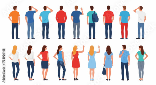 People character. Man and woman view from back set isolated on white background. Young human person diversity. Businesspeople, student, worker set. Vector people standing character illustration