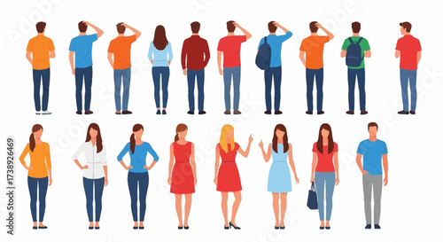 People character. Man and woman view from back set isolated on white background. Young human person diversity. Businesspeople, student, worker set. Vector people standing character illustration