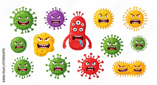 Coronavirus character vector illustration on white background. Cartoon Covid 19-NCP fly germ virus infection and micro bacteria character. Microbe, Pathogen