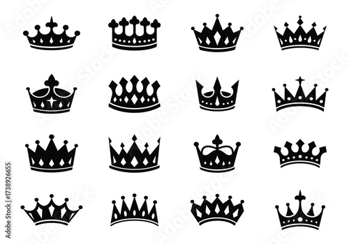 king queen emperor crown set collection pack bundle black shape icon silhouette vector flat illustration design on white background
