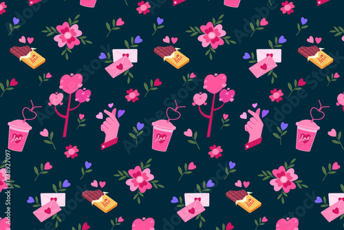 Valentines Day patterned background with pink hearts flowers and chocolate