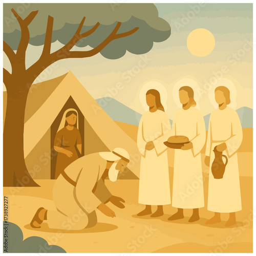 Abraham welcoming three angelic visitors under the shade of a large oak tree near his tent. Bible story