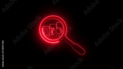 Neon magnifying glass with SEO bar chart icon animation, digital analytics symbol, search optimization, marketing data insight