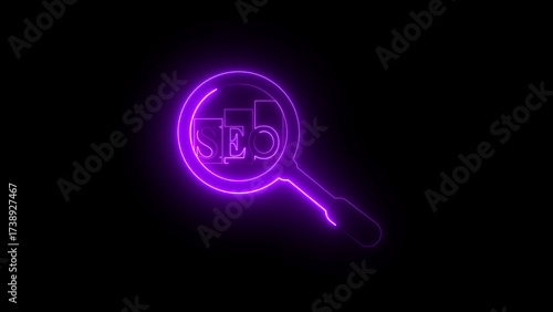 Neon magnifying glass with SEO bar chart icon animation, digital analytics symbol, search optimization, marketing data insight