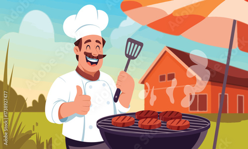 Happy chef cooking burgers on outdoor barbecue grill summer illustration
