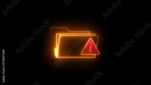 Neon folder warning icon on black background, digital error alert symbol, cybersecurity risk, data storage issue, computer system danger sign