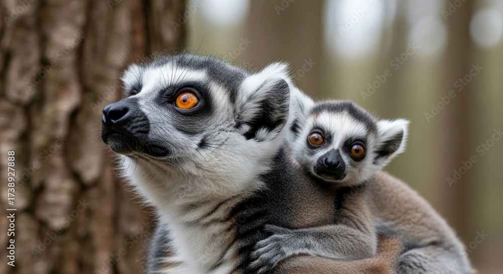 Obraz premium A ring-tailed lemur carries its baby on its back, looking attentively into the distance against a blurred forest background.