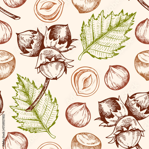 Vintage seamless pattern of hazelnuts and leaves