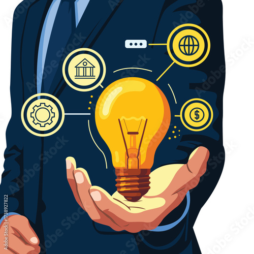 Businessman holding a bright idea light bulb connecting to business concept, isolated on white background.
