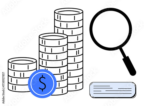 Stacked coins, magnifying glass, document symbolizing finance, economy, savings, auditing, business strategy, taxation transparency and wealth management. Ideal for financial research simple flat