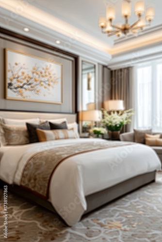 Luxurious hotel bedroom with a large bed, artwork, and chandelier