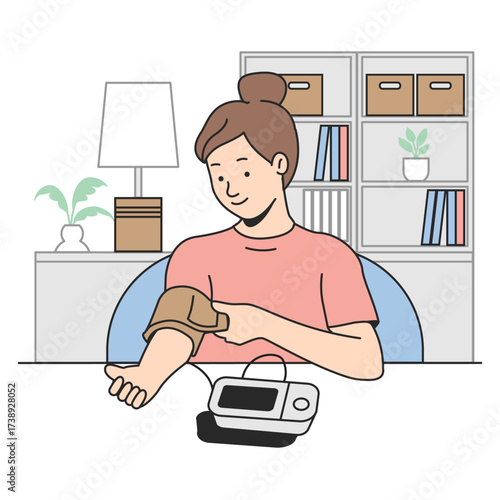 Woman Checking Blood Pressure at Home Illustration
