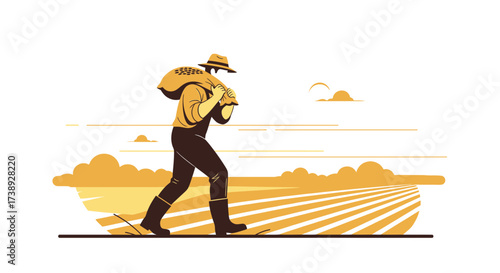 Farmer Carrying Sack Of Harvested Grain Walking Across Fields In Golden Sunlight