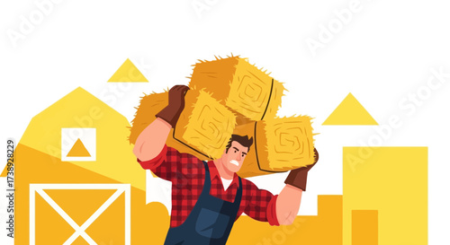 Farmer Effortlessly Carrying Bales Of Hay Harvested For Agricultural Production