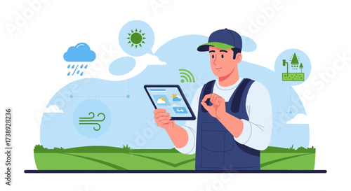 Farmer Examining Weather Patterns And Utilizing Innovative Tech for Precision Agriculture