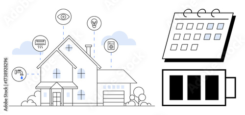 Connected home with IoT devices for security, energy monitoring, and scheduling. Ideal for smart living, automation, energy savings, technology, innovation, sustainability simple flat metaphor