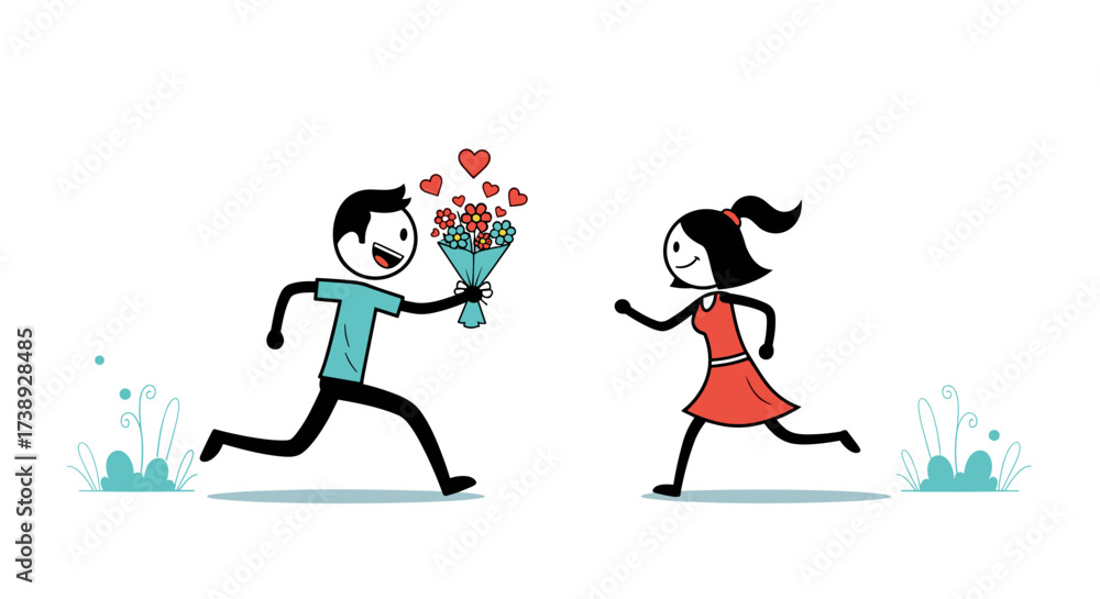 Obraz premium A man running with a bouquet of flowers to a woman in a romantic gesture.