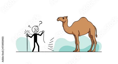A stick figure struggles to thread a needle while a camel looks on quizzically.
