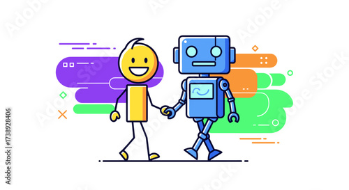 A friendly robot and a happy person walking together in harmony.