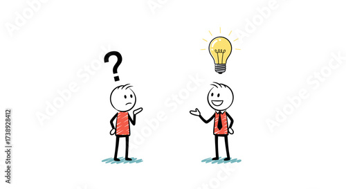 Two people interacting with one person having a question and the other person having a bright idea.