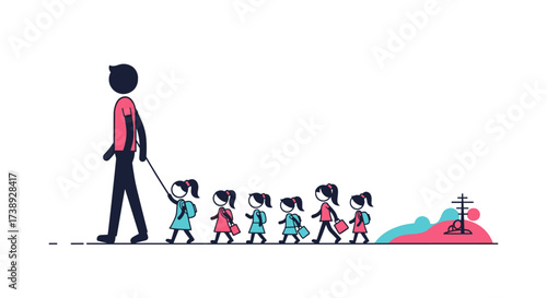 A teacher or guardian leads a line of young children on an educational journey.