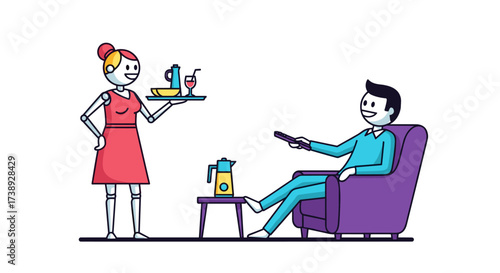 A robot serves a man a drink while he relaxes in a chair with a remote control.