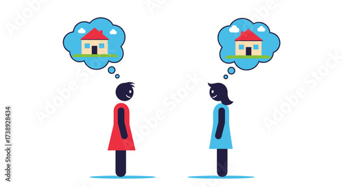 Two people imagining their dream houses in thought bubbles.